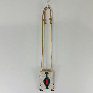 Free People Beaded Geometric Boho Crossbody Bag Tan Leather Strap Coin Fringe